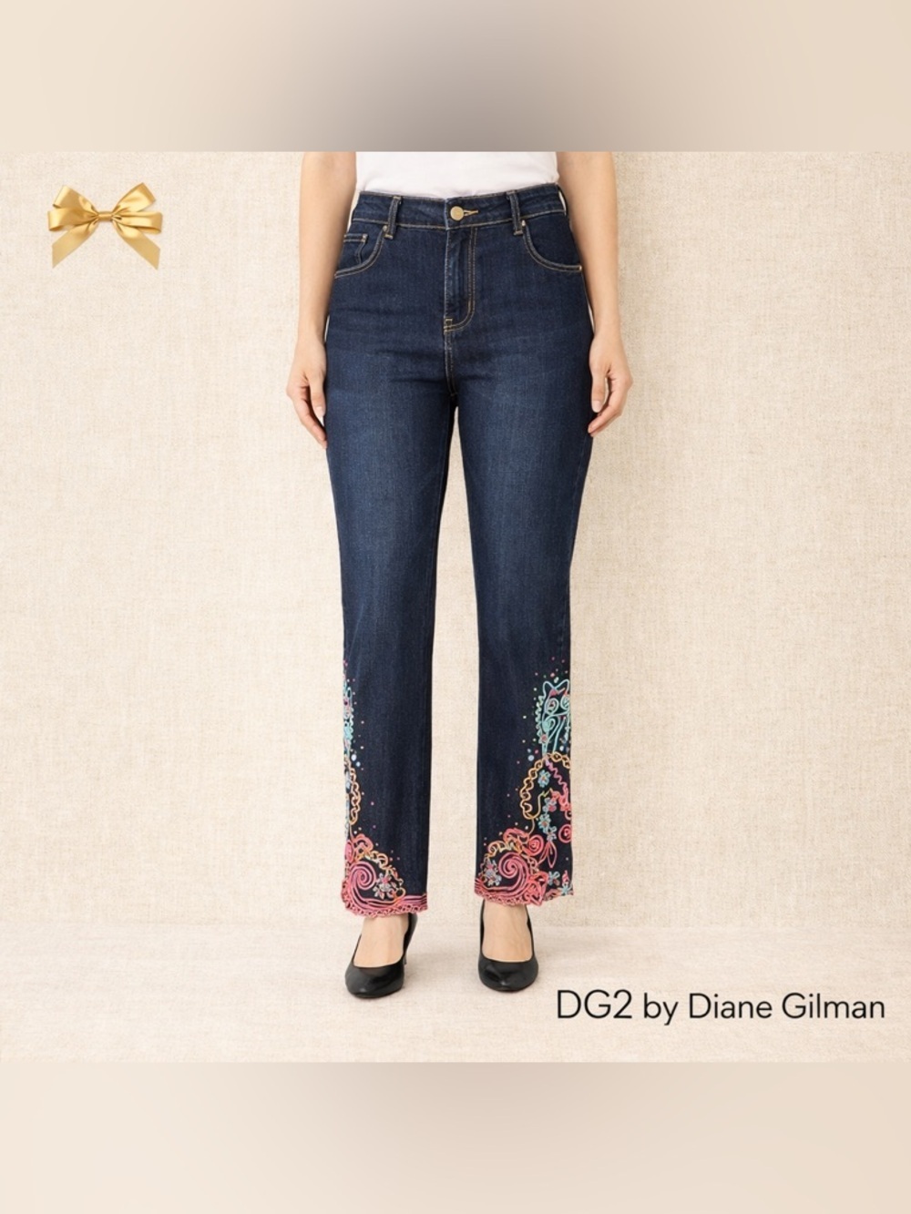 Dg2 Beaded Designed Leg Blue Jeans Ramie Cotton Blend High Rise Sz 18WP